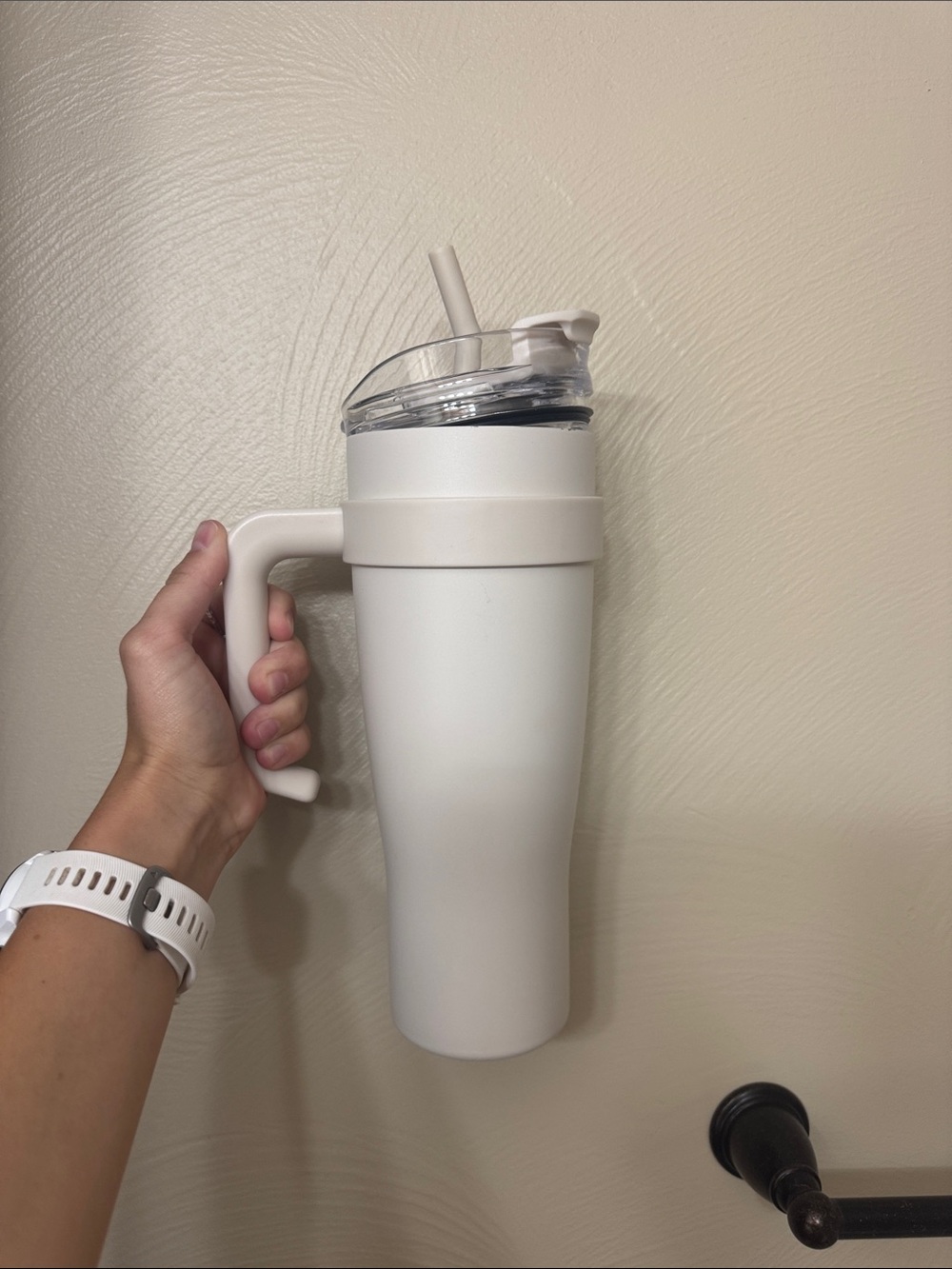 White Insulated Travel Tumbler with Handle and Straw